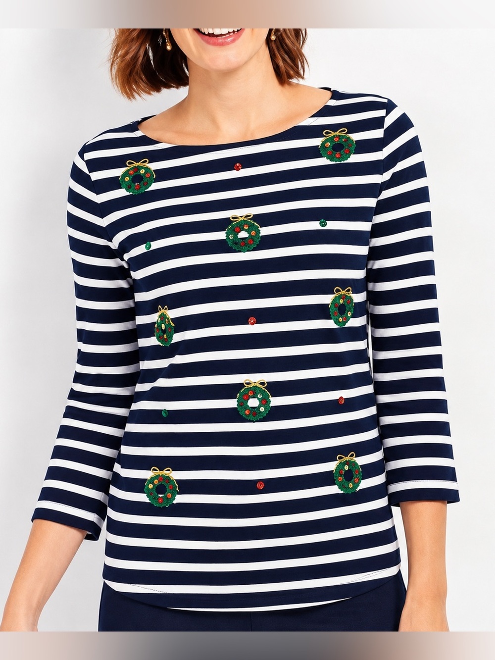 Talbots navy striped Christmas wreath top, SP